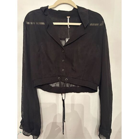 Free People NEW Michelle Long Sleeve Cropped Sheer Black Top size large - Picture 4 of 8